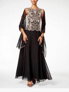 J Kara Black Maxi Formal Gown Embroidered Beaded Floral Bodice Sz 6 No Scarf